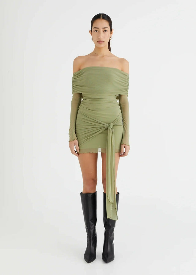 Benni Yasmin Off-Shoulder Mini Dress Pistachio Size 8,10 - 10 / Green - Dresses