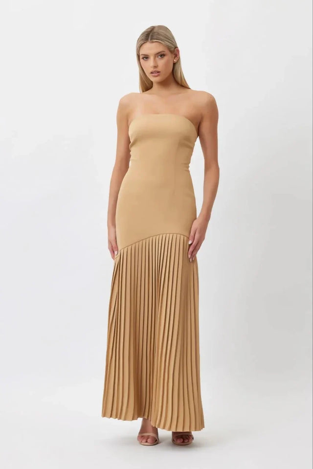 Bianca and Bridgett Mara Pleated Maxi Dress Beige - 12 / Brown - Dresses