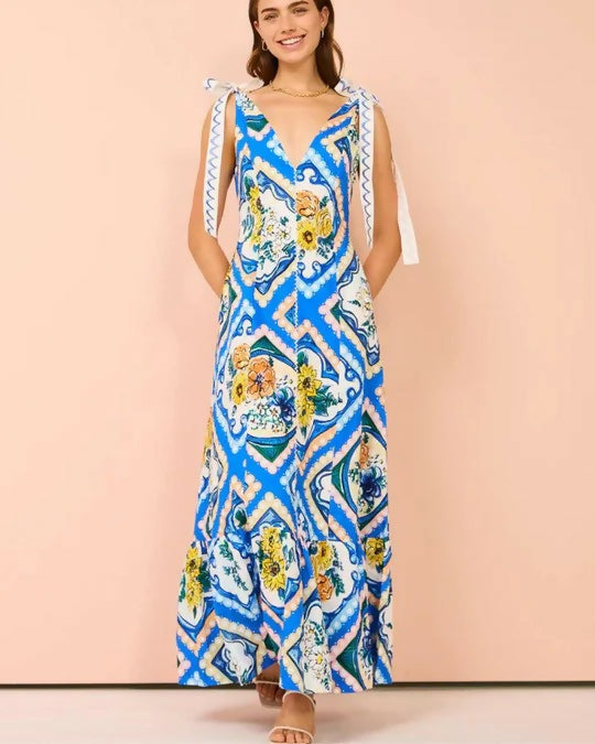 By Nicola Adoncia Tie Shoulder Maxi Dress in Azure Floral - 10 / Multi - Dresses