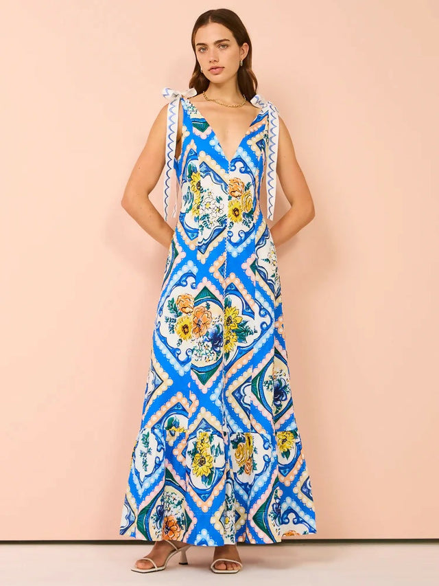 By Nicola Adoncia Tie Shoulder Maxi Dress in Azure Floral - 14 / Multi - Dresses