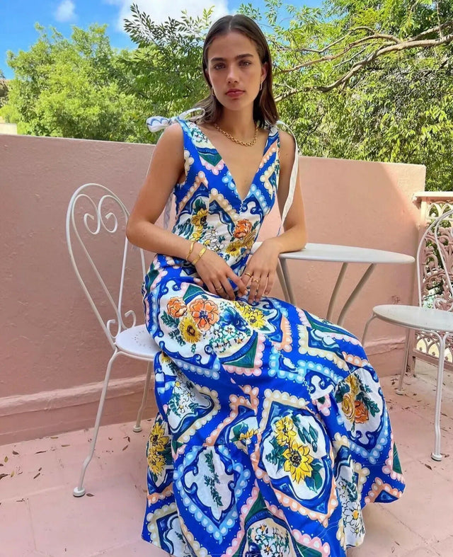 HireBYNICOLAAdonciaTieShoulderMaxiDressInAzureFloralTheOnlyDressRentAustraliawide0