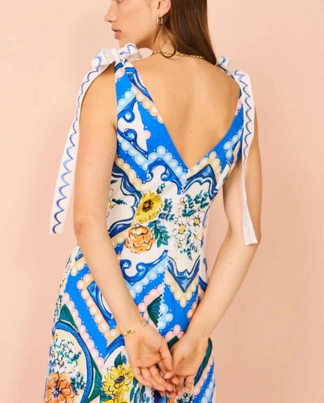 By Nicola Adoncia Tie Sleeve Maxi Dress Azure Blue Floral Size 10 - 10 / Multi - Dresses