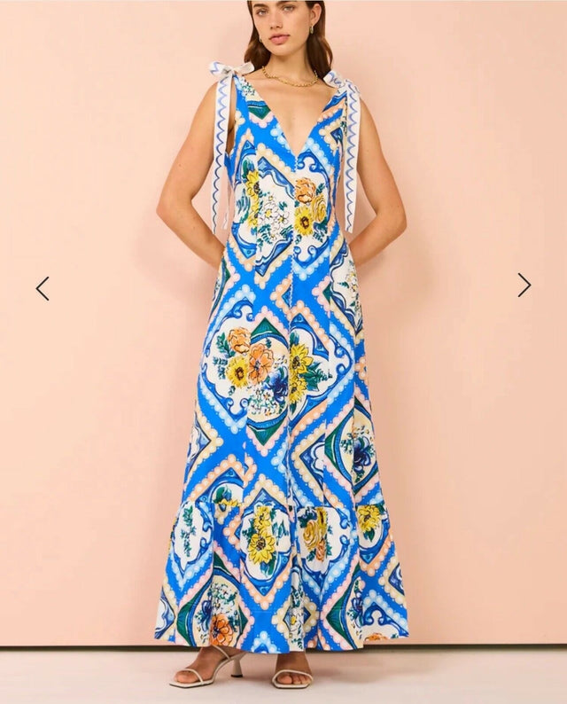 By Nicola Adoncia Tie Sleeve Maxi Dress Azure Blue Floral Size 10 - 10 / Multi - Dresses