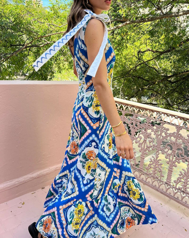 By Nicola Adoncia Tie Sleeve Maxi Dress Azure Blue Floral Size 10 - 10 / Multi - Dresses