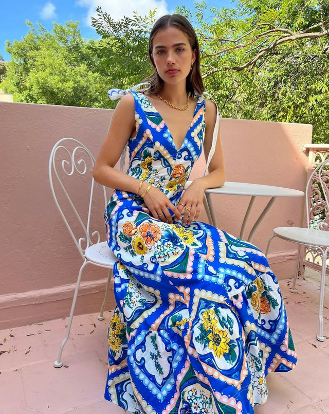 By Nicola Adonica Tie Shoulder Maxi Dress in Azure Flower Size AU 14 - 14 / Blue - Dresses