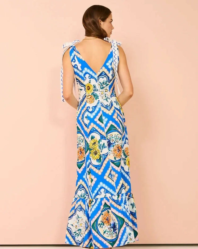 By Nicola Adonica Tie Shoulder Maxi Dress in Azure Flower Size AU 14 - 14 / Blue - Dresses