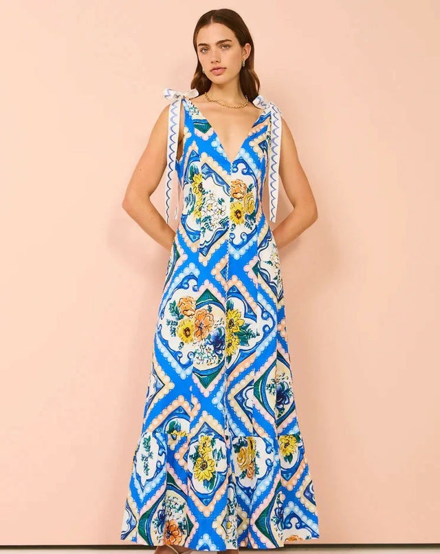 By Nicola Adonica Tie Shoulder Maxi Dress in Azure Flower Size AU 14 - 14 / Blue - Dresses