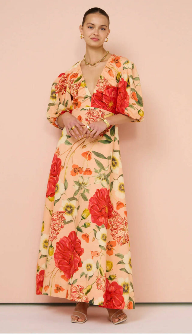By Nicola Bolero Maxi Gathered Neckline Dress in Raspberry Punch Floral size 10 - 10 / Floral - Dresses