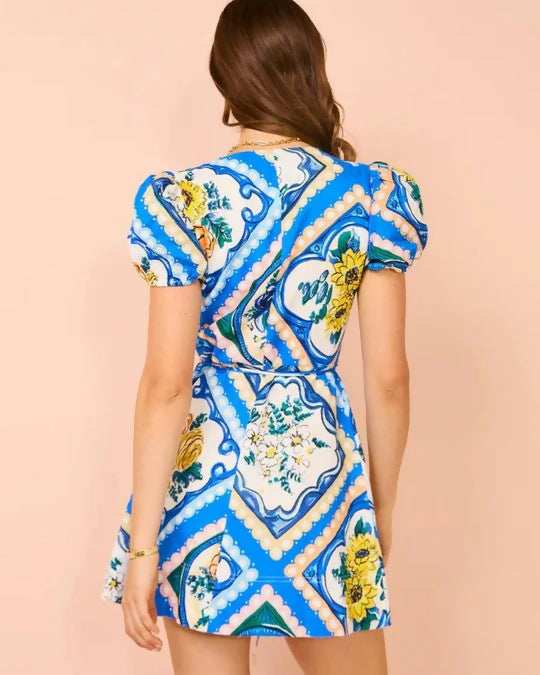 By Nicola Havana Wrap Mini Dress In Azure Floral - 10 / Multi - Dresses