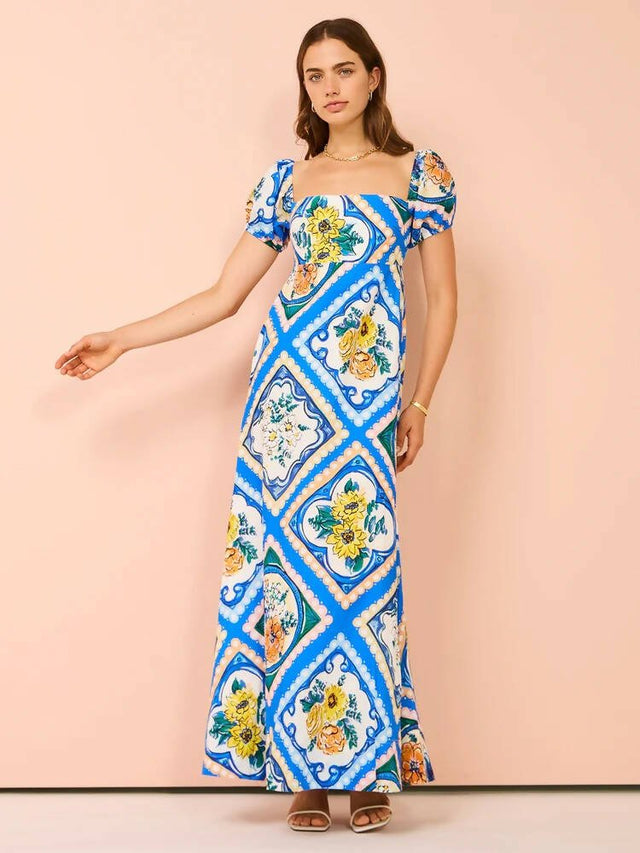 By Nicola - By Nicola Mariposa Puff Sleeve Maxi in Azure Floral