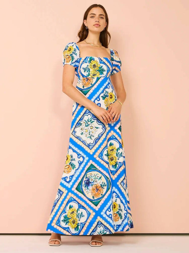 By Nicola - By Nicola Mariposa Puff Sleeve Maxi in Azure Floral