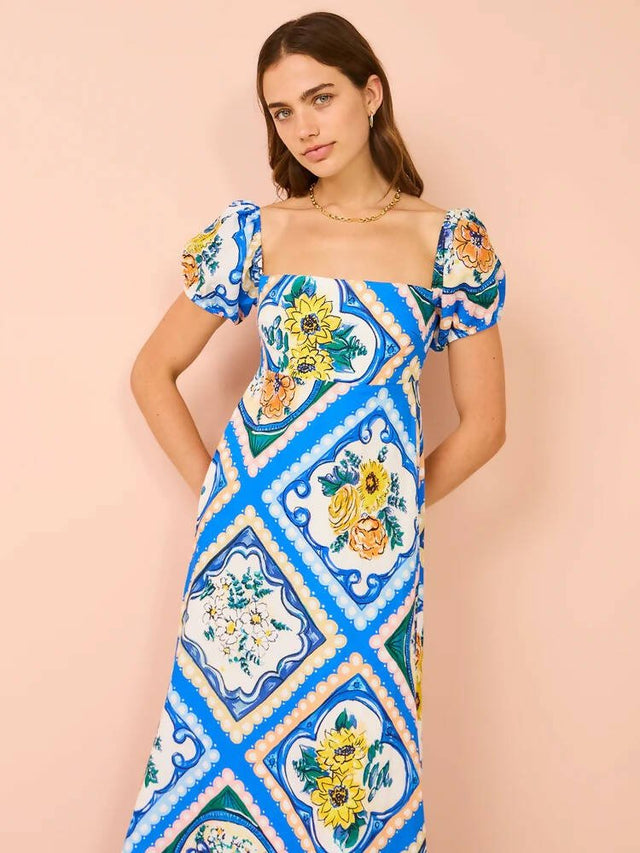 By Nicola - By Nicola Mariposa Puff Sleeve Maxi in Azure Floral