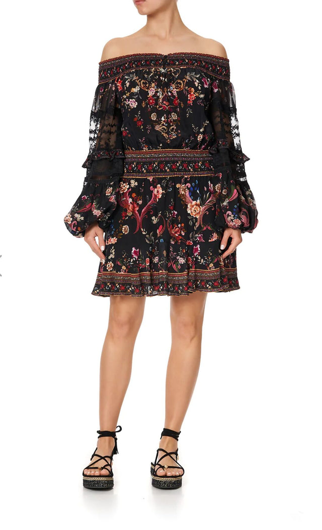 Camilla A Girl Like You Off Shoulder Short Dress Black Floral Size L - 12 / Multi - Dresses