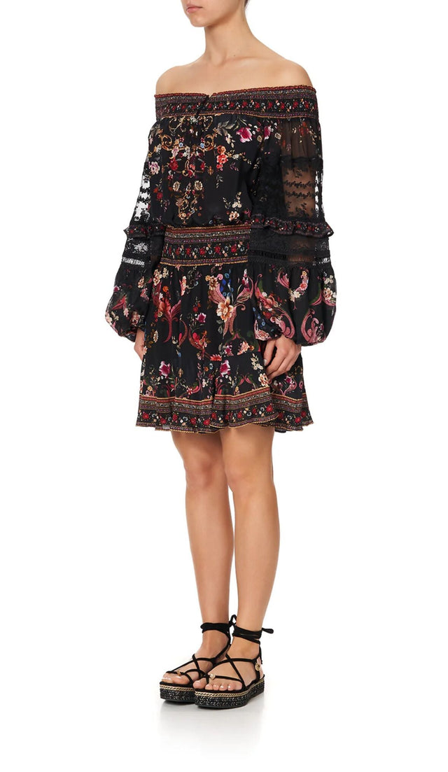 Camilla A Girl Like You Off Shoulder Short Dress Black Floral Size L - 12 / Multi - Dresses