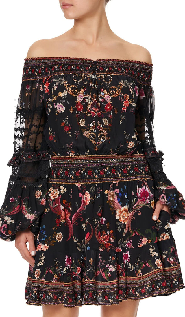 Camilla A Girl Like You Off Shoulder Short Dress Black Floral Size L - 12 / Multi - Dresses