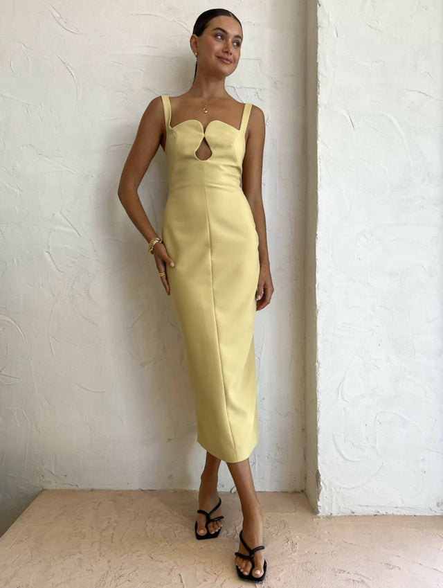 Camilla and Marc - Camilla And Marc Brixton Cut Out Neckline Midi Dress in Mustard Yellow