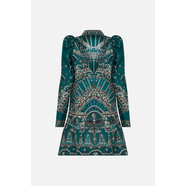 Camilla Puff Sleeve High Neck Mini Dress 14 / Green Dresses