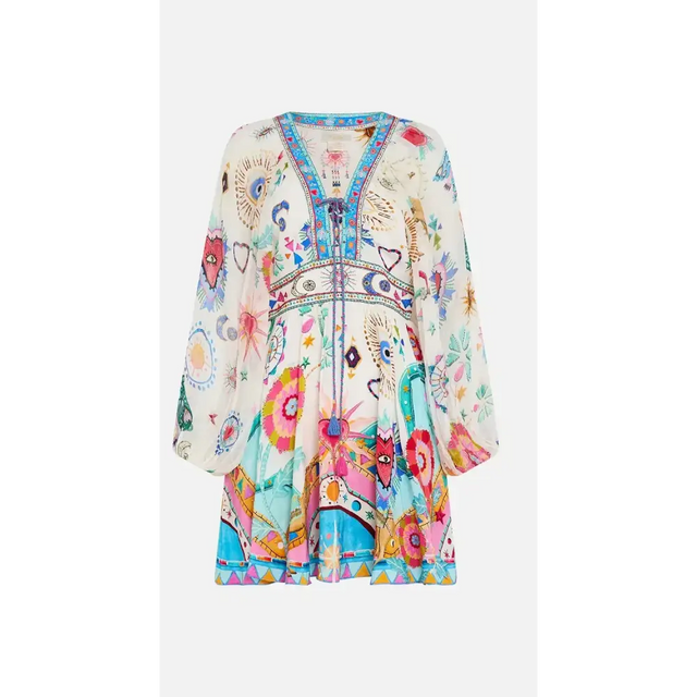 Camilla White Lace Up Front Short Dress Living In Colour Multi Size 12 - 12 / Multi - Dresses