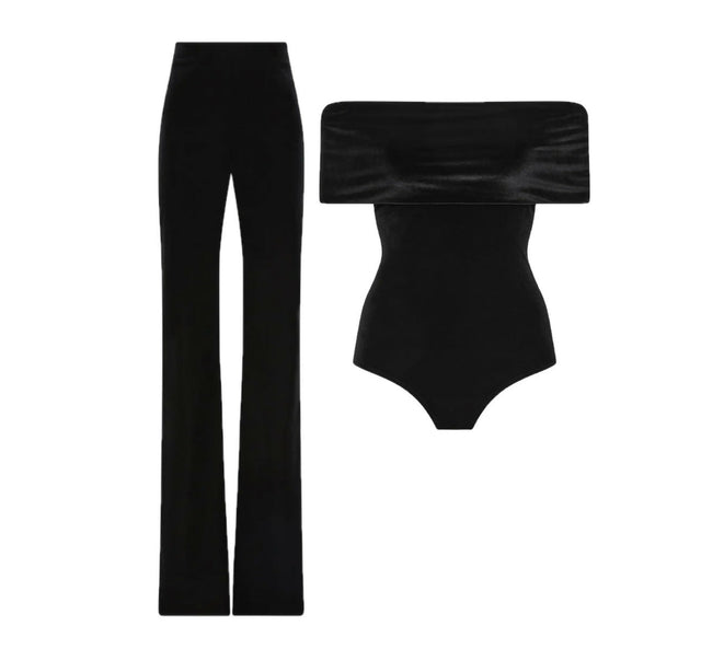 Carla Zampatti Black Velvet Pant and off Shoulder Bodysuit Top - Outfit Sets