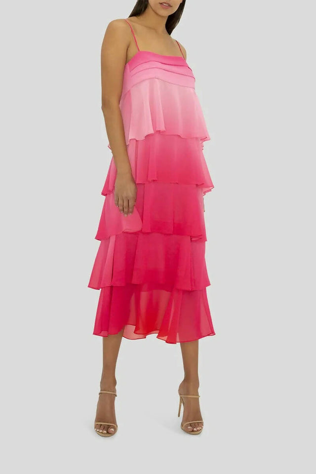 Carla Zampatti Frill Ombre Pink Midi Dress - 4 / Multi - Dresses