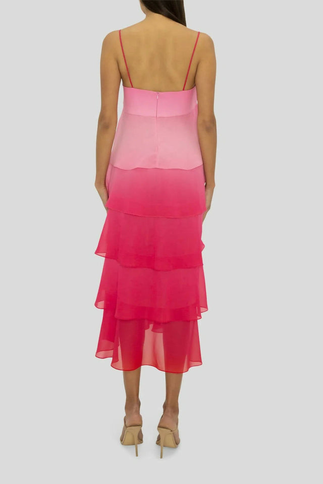 Carla Zampatti Frill Ombre Pink Midi Dress - 4 / Multi - Dresses