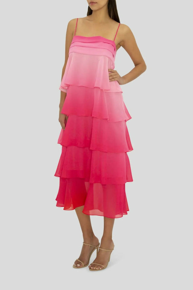 Carla Zampatti Frill Ombre Pink Midi Dress - 4 / Multi - Dresses