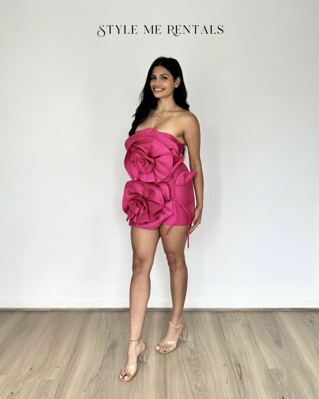 Sierra Darien Voluminous Flower Design Mini Dress Fuchsia Size XS