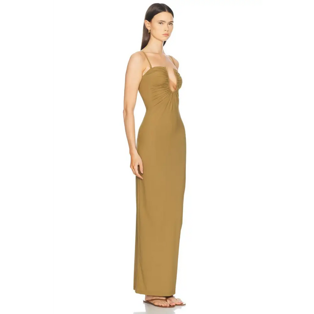 Christopher Esber Arched Ruched Lycra Maxi Dress Kombu Green - 4 / Brown - Dresses