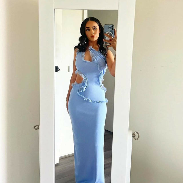 Christopher Esber Carina Ruffle Trim Ribbed-Knit Maxi Dress - Blue / 8 - Dresses