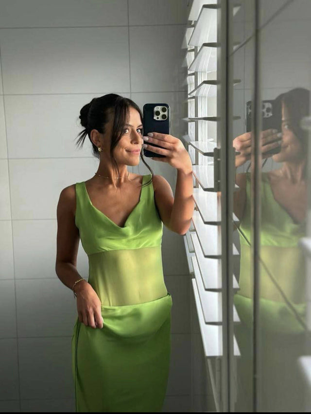 Christopher Esber Draped Satin Cowl Torso Maxi Dress in Apple - Dresses