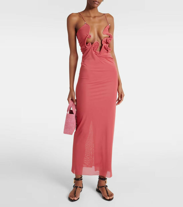 Christopher Esber Molded Venus Cutout Mesh Maxi Dress in Cayenne/Rose - 6 / Pink - Dresses