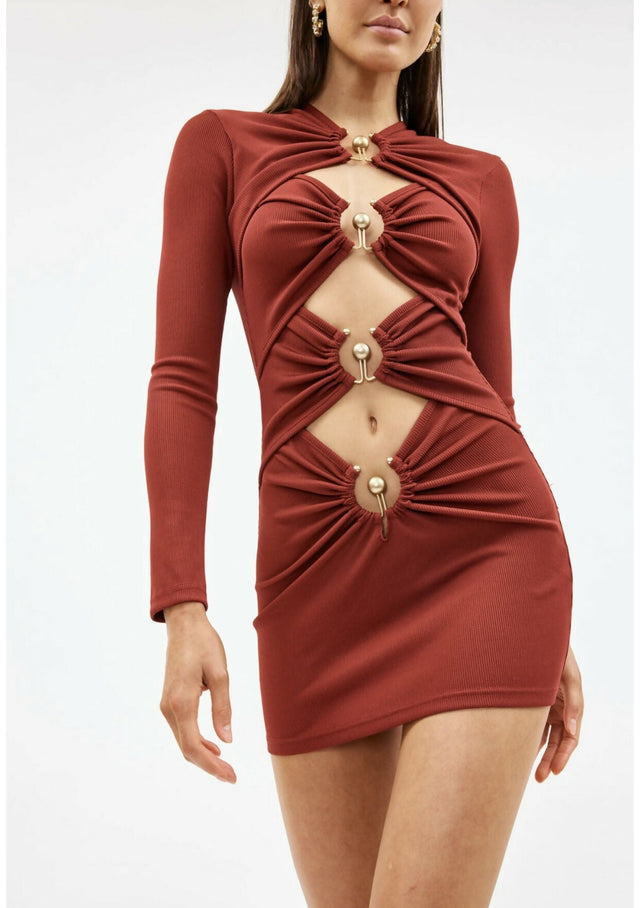 red_ruched_column_long_sleeve_mini_dress_christopher_esber