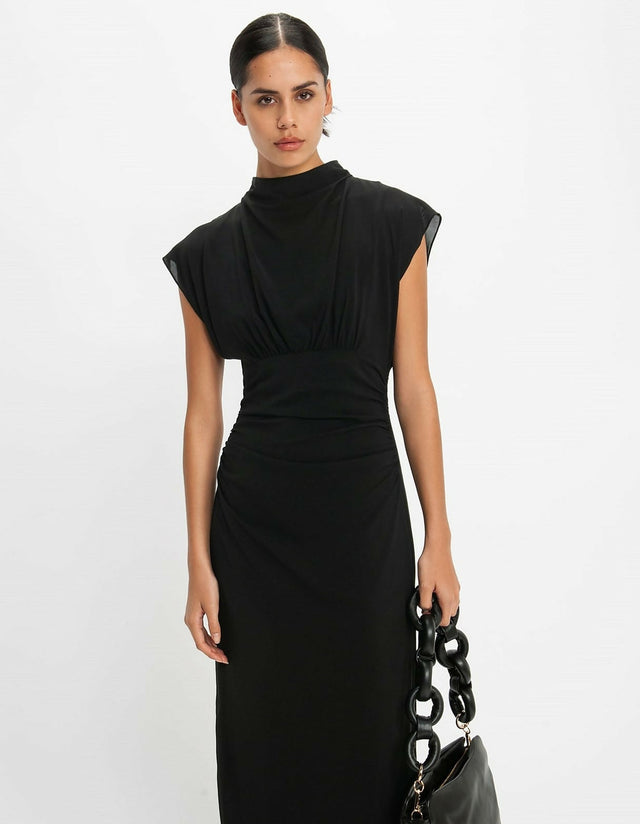 CUE Draped Neck Ruched Dress - 8 / Black - Dresses