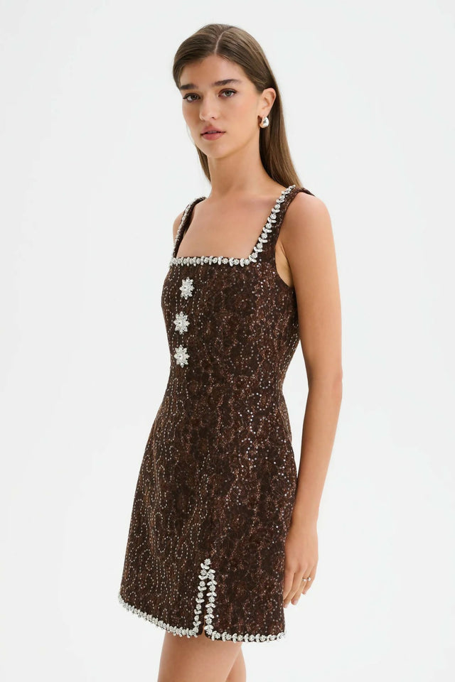 Lavish Alice ZOEY Embellished Lace Boucle Tulip Mini Dress in Chocolate