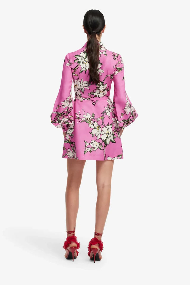 Leo Lin Luminous Linen Mini Dress - Pink Magnolia Print