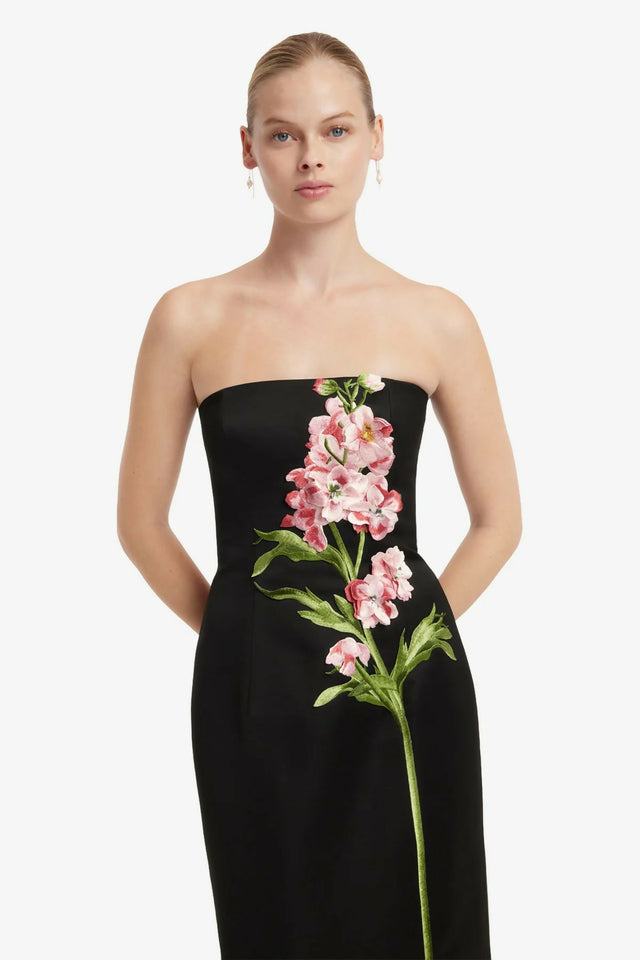 Leo Lin Rayna Embroidered Maxi Dress in Snapdragon Floral Print in Ebony