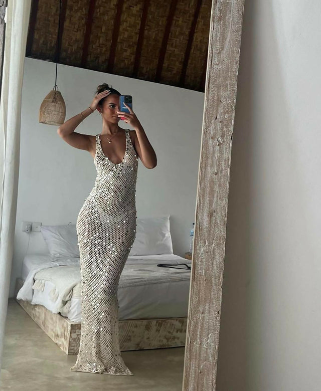 Earth Circus Sequin Gown Nude & Black - Dresses