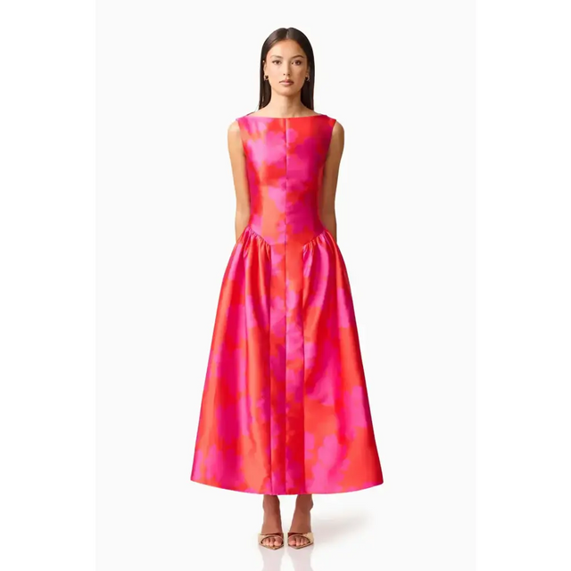 Elliat - Eloise A-Line Midi Dress in Pink & Red - Dresses