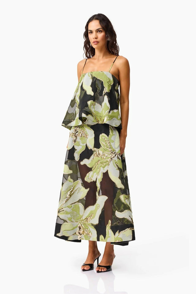 Elliatt Elysia Tiered Gown in Black & Green Floral - Dresses