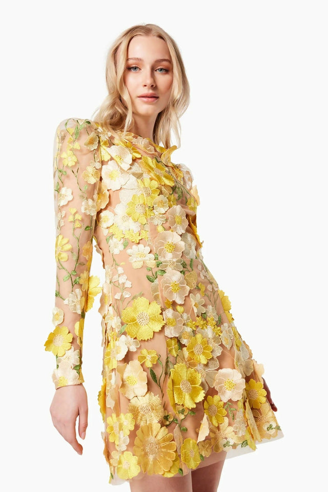 Elliatt Golden Voice 3D Mini Dress Yellow Floral Size M/ AU 10 - Dresses