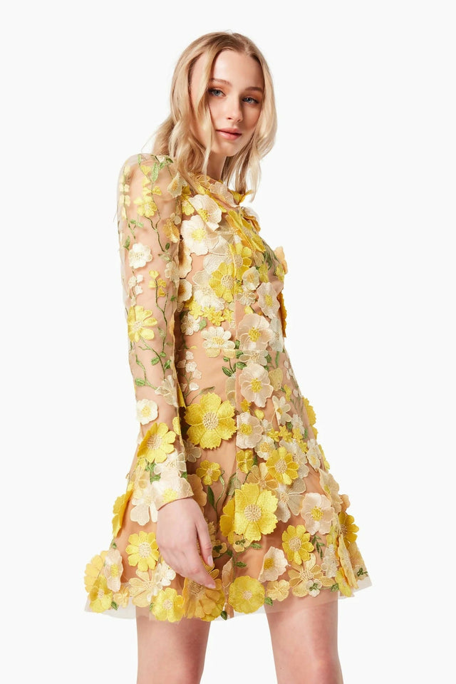 Elliatt Golden Voice 3D Mini Dress Yellow Floral Size S/ AU 8 - Dresses