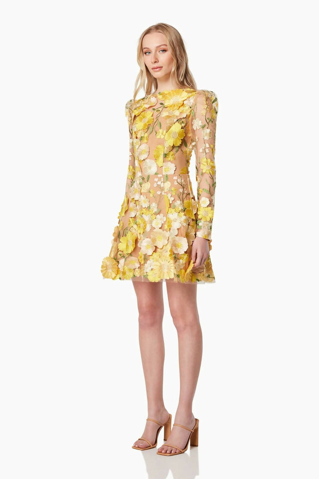 Elliatt Golden Voice 3D Mini Dress Yellow Floral Size S/ AU 8 - Dresses