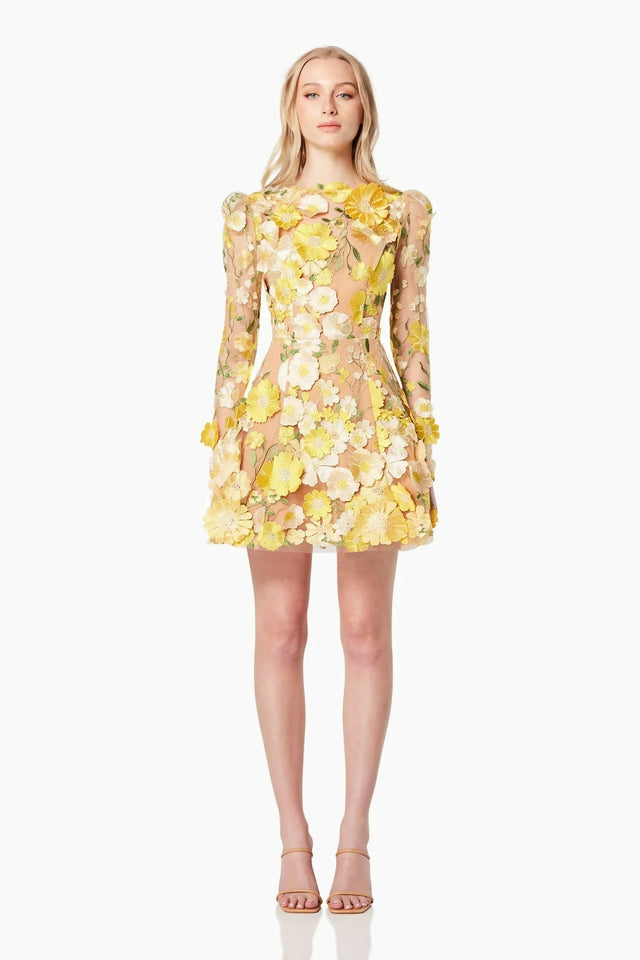 Elliatt Golden Voice 3D Mini Dress Yellow Floral Size S/ AU 8 - Dresses