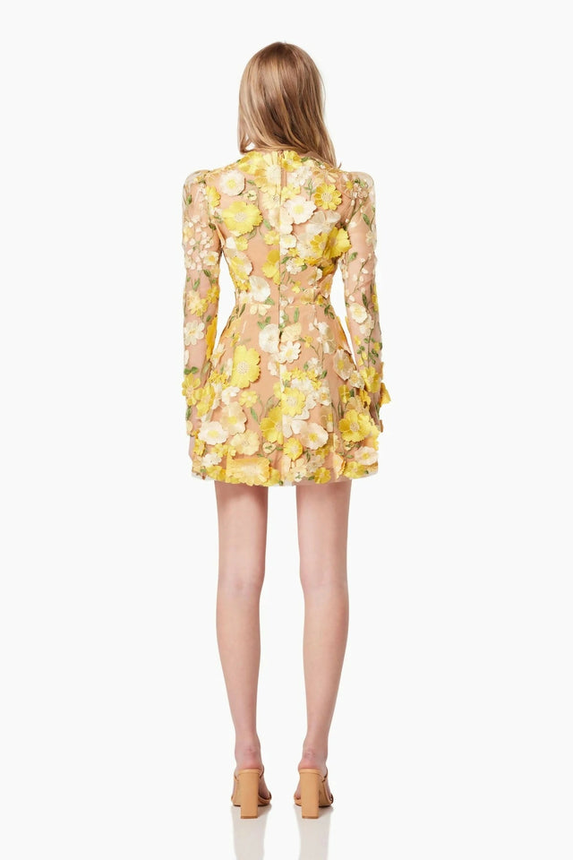 Elliatt Golden Voice 3D Mini Dress Yellow Floral Size S/ AU 8 - Dresses