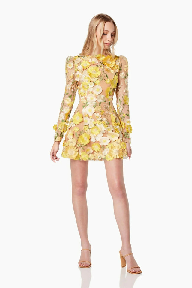 Elliatt Golden Voice 3D Mini Dress Yellow Floral Size S/ AU 8 - Dresses