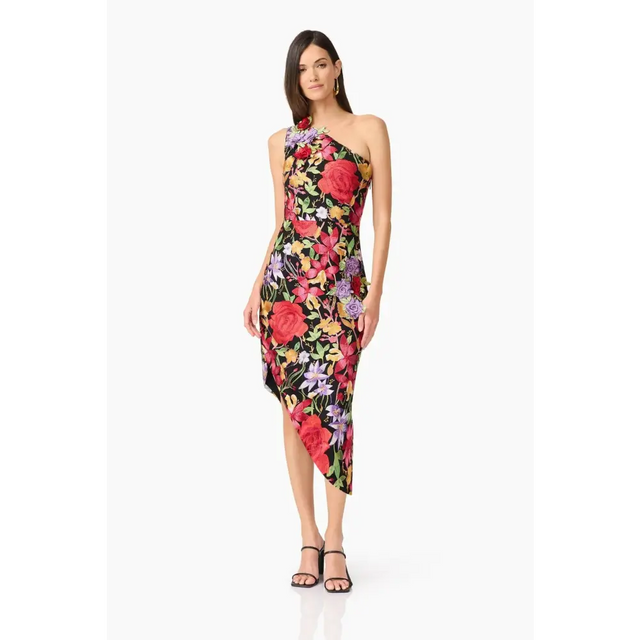 Elliatt Talia Asymmetrical Midi Dress in Black Floral Size 10 - 10 / Multi - Dresses