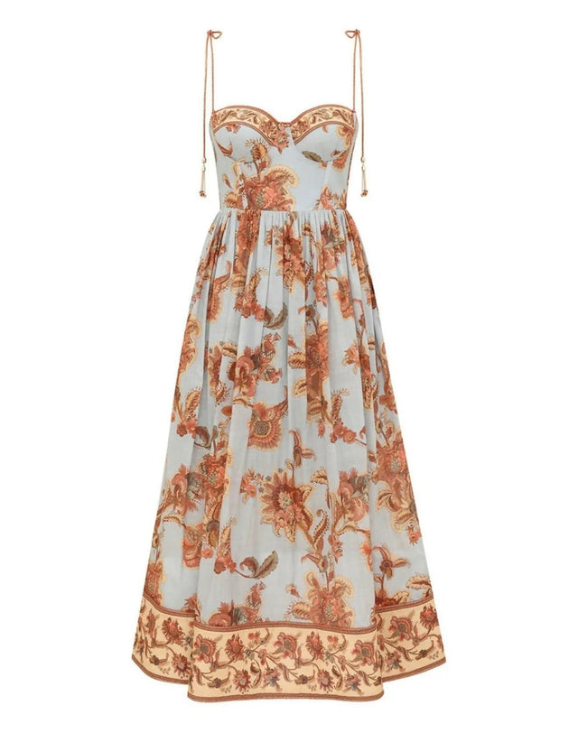 Zimmermann Aster Corset Midi Dress in Blue Jacobean