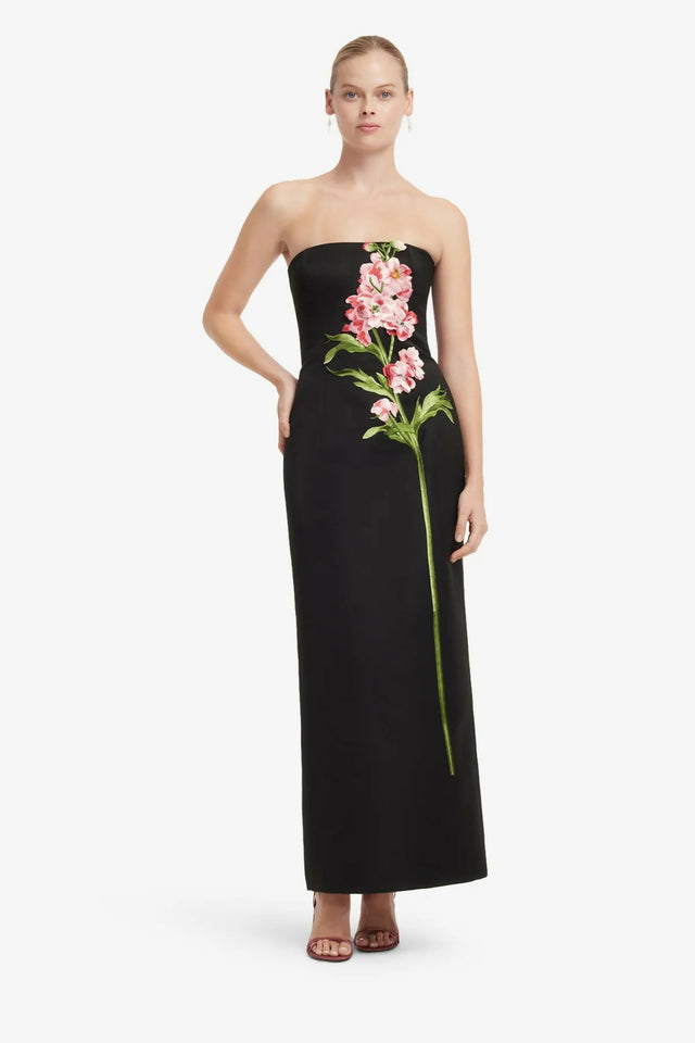 Leo Lin Rayna Embroidered Maxi Dress in Snapdragon Floral Print in Ebony