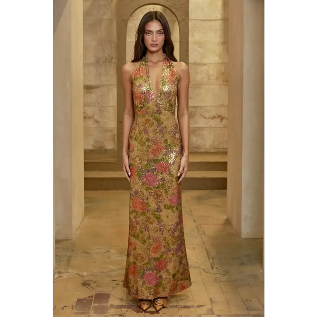Fait Par Foutch Fleur Sequin Maxi Dress Multi Size XS - 6 / Gold - Dresses