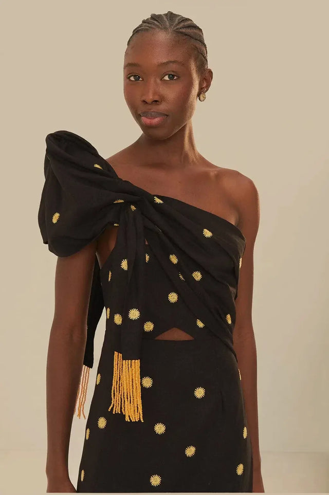 Farm Rio Banana Tree Premium Linen Midi Dress Black Size Small / AU 8 - 8 / Print - Dresses